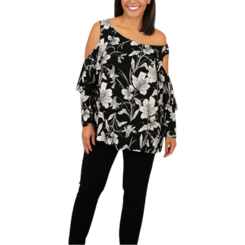 Worthington Woman Black and White Floral Cold Shoulder Tunic Top Size 3X
